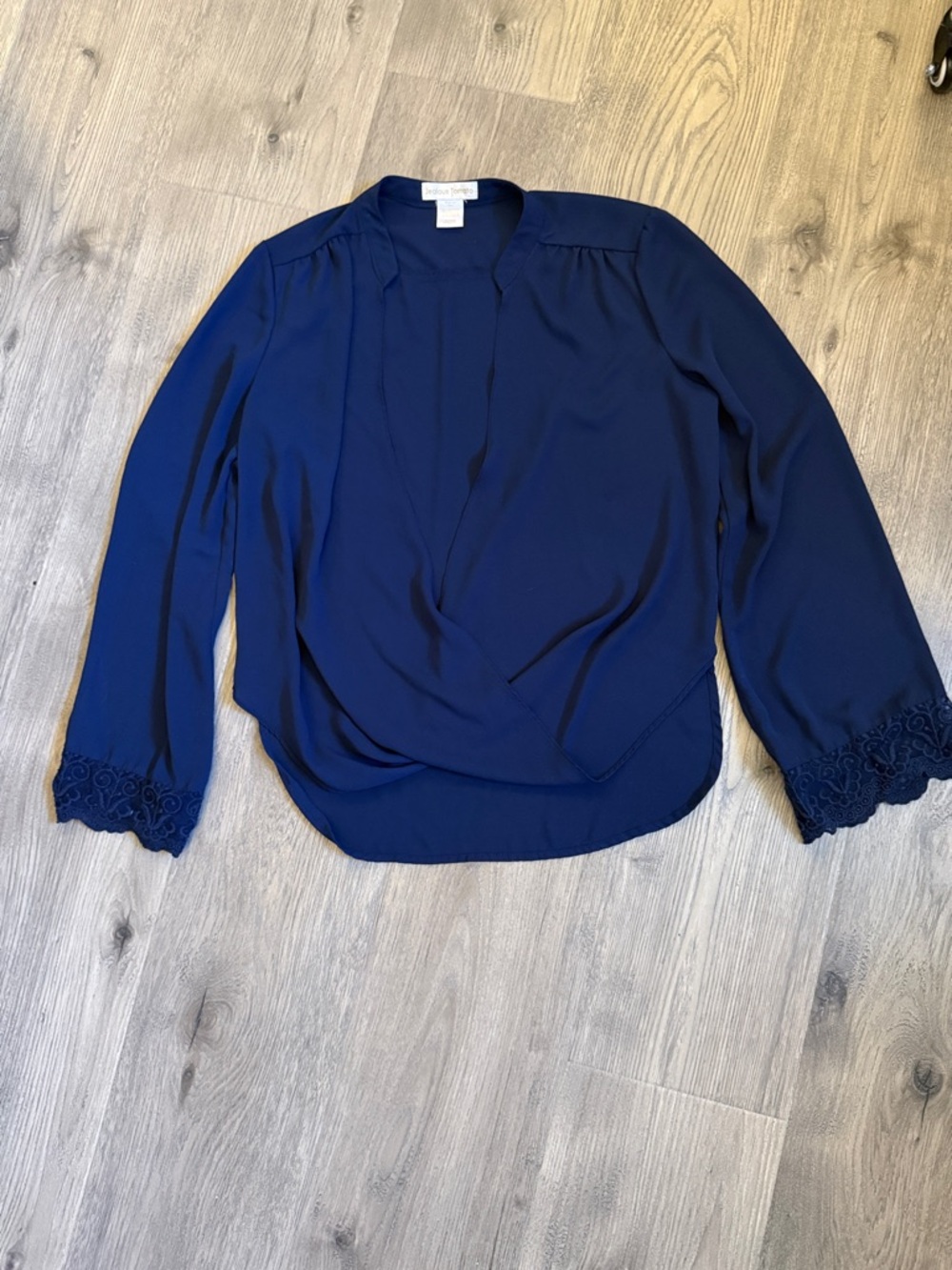 Jealous Tomato Navy Draped Surplice Blouse with Lace Cuffs